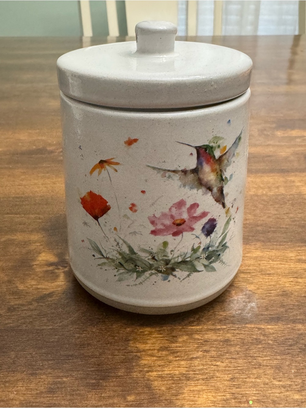 White Hummingbird Floral Ceramic Storage Jar